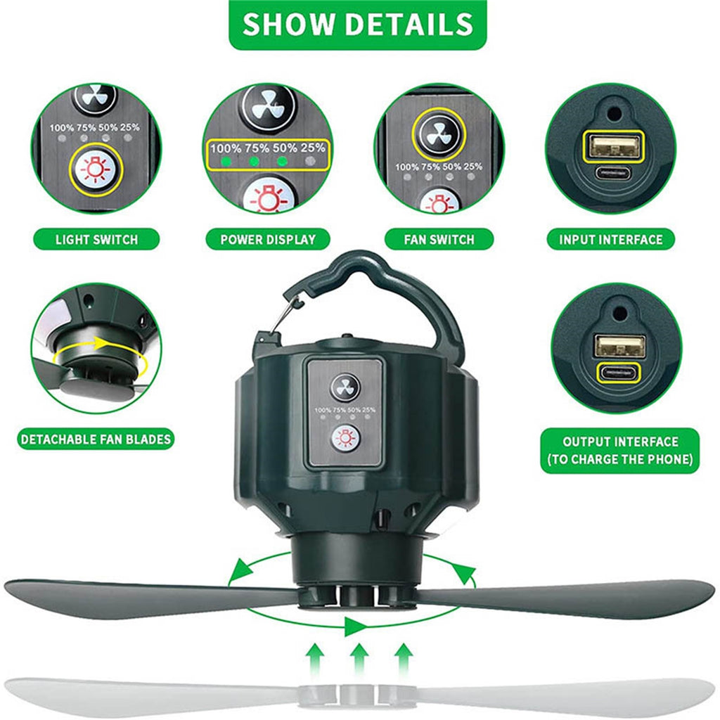 Rechargeable Camping Fan with LED Light and Hook 5200mAh Battery J632