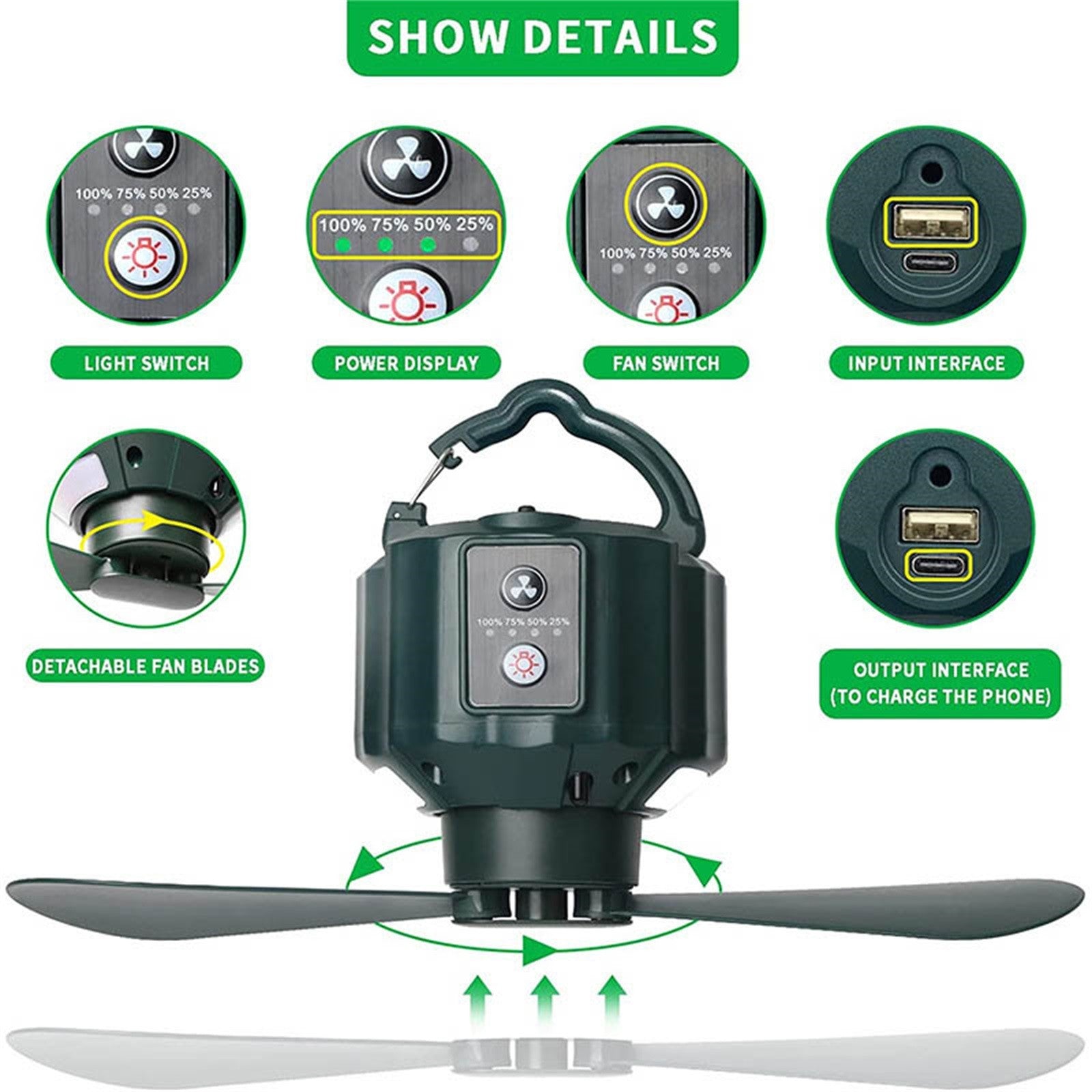 Rechargeable Camping Fan with LED Light and Hook 5200mAh Battery J632