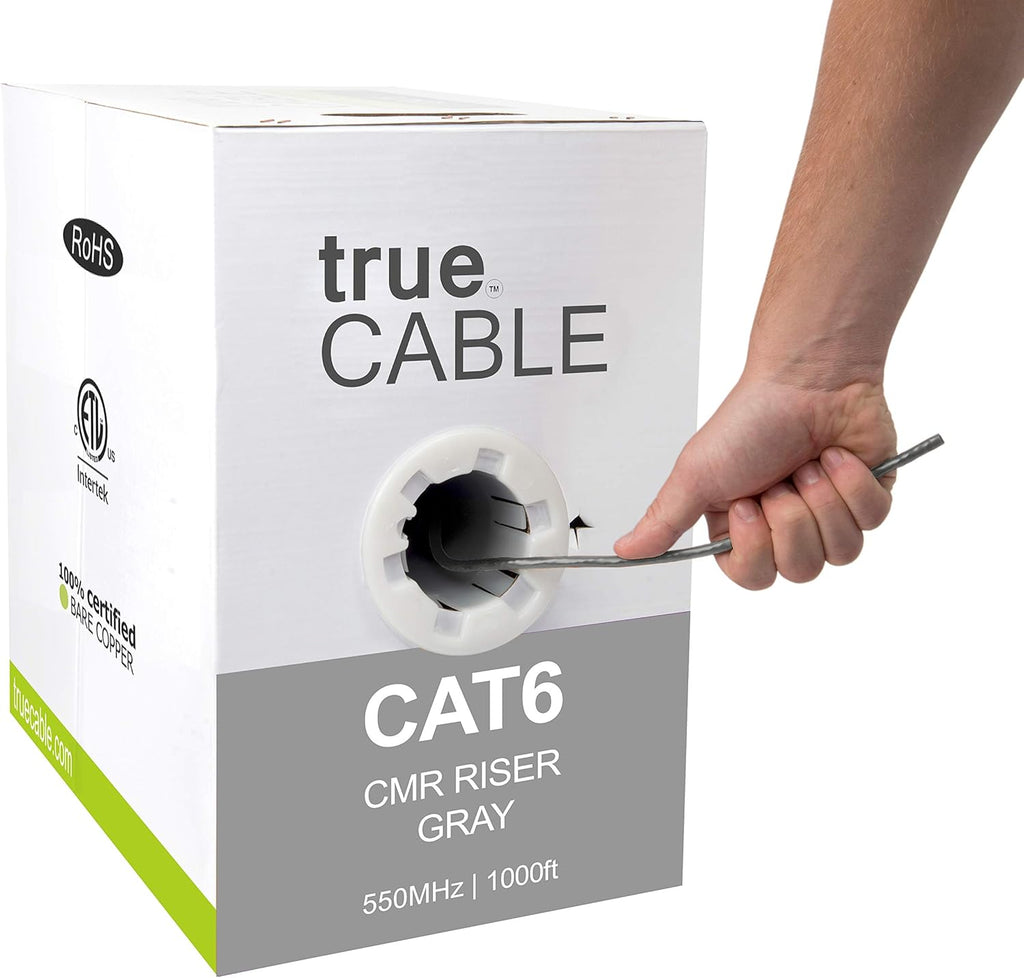 Cat6 Riser 1000ft Gray 23AWG 4 Pair Solid Bare Copper 550MHz Unshielded Twisted Pair Bulk Ethernet Cable B5292
