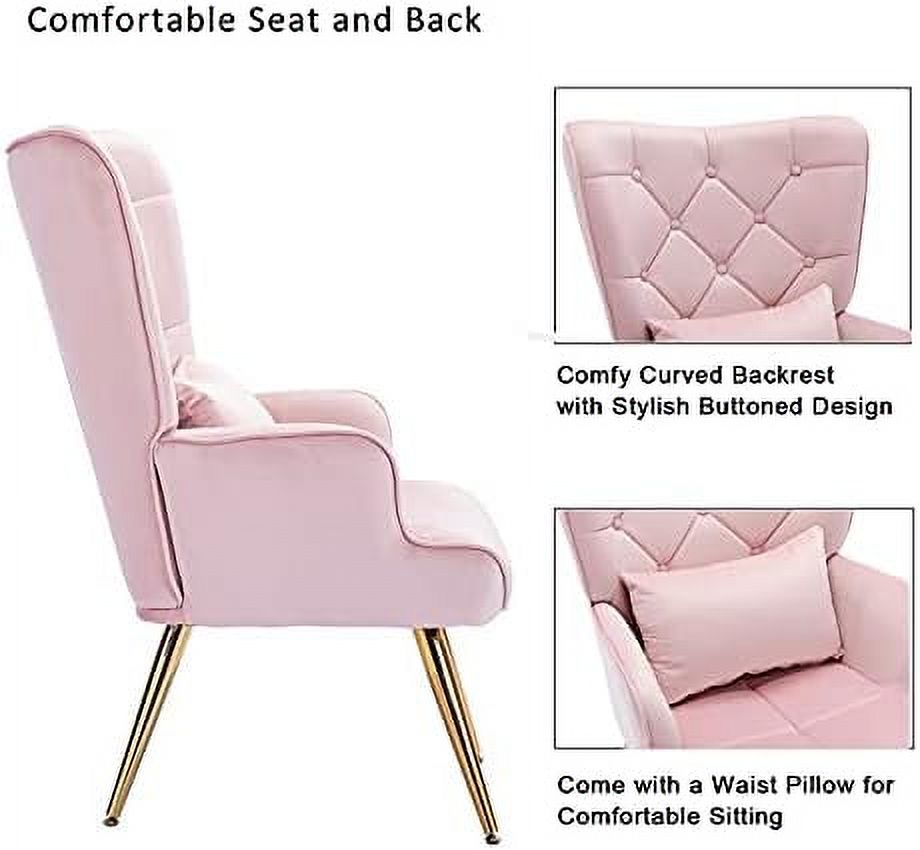 Velvet Buttoned Accent Arm Lounge Chair with Golden Plated Metal Legs & Pillow High Wingback Club Chair B1813