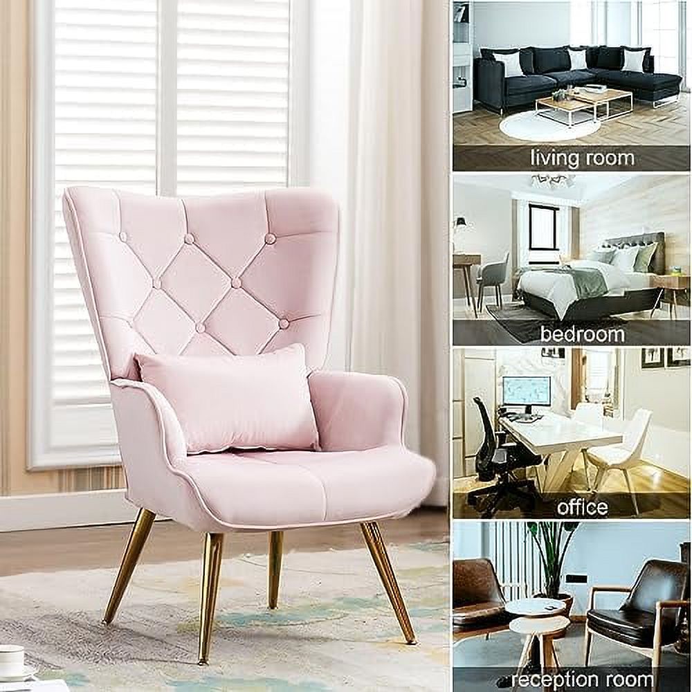 Velvet Buttoned Accent Arm Lounge Chair with Golden Plated Metal Legs & Pillow High Wingback Club Chair B1813