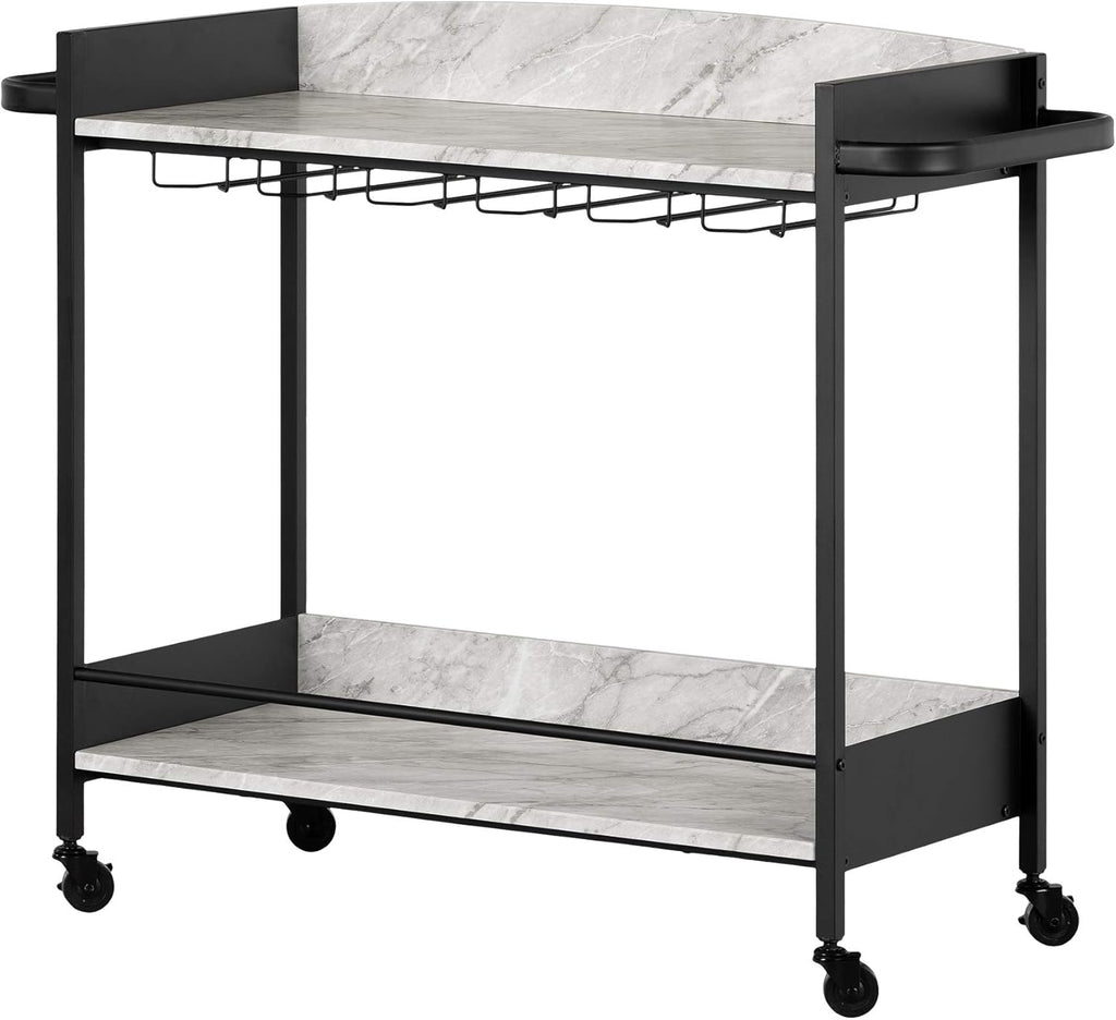 Black Faux Carrara Marble Mobile Bar Cart Y29061