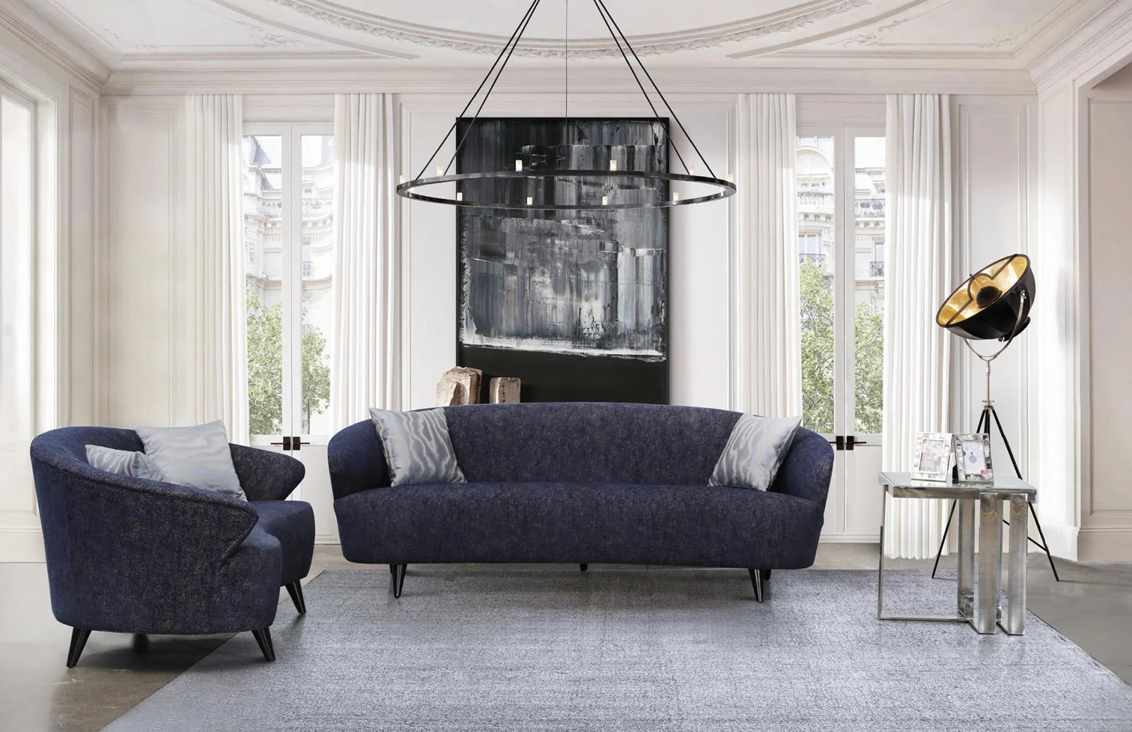 Dark Blue Linen Sofa and Loveseat Set 2 Pcs D982