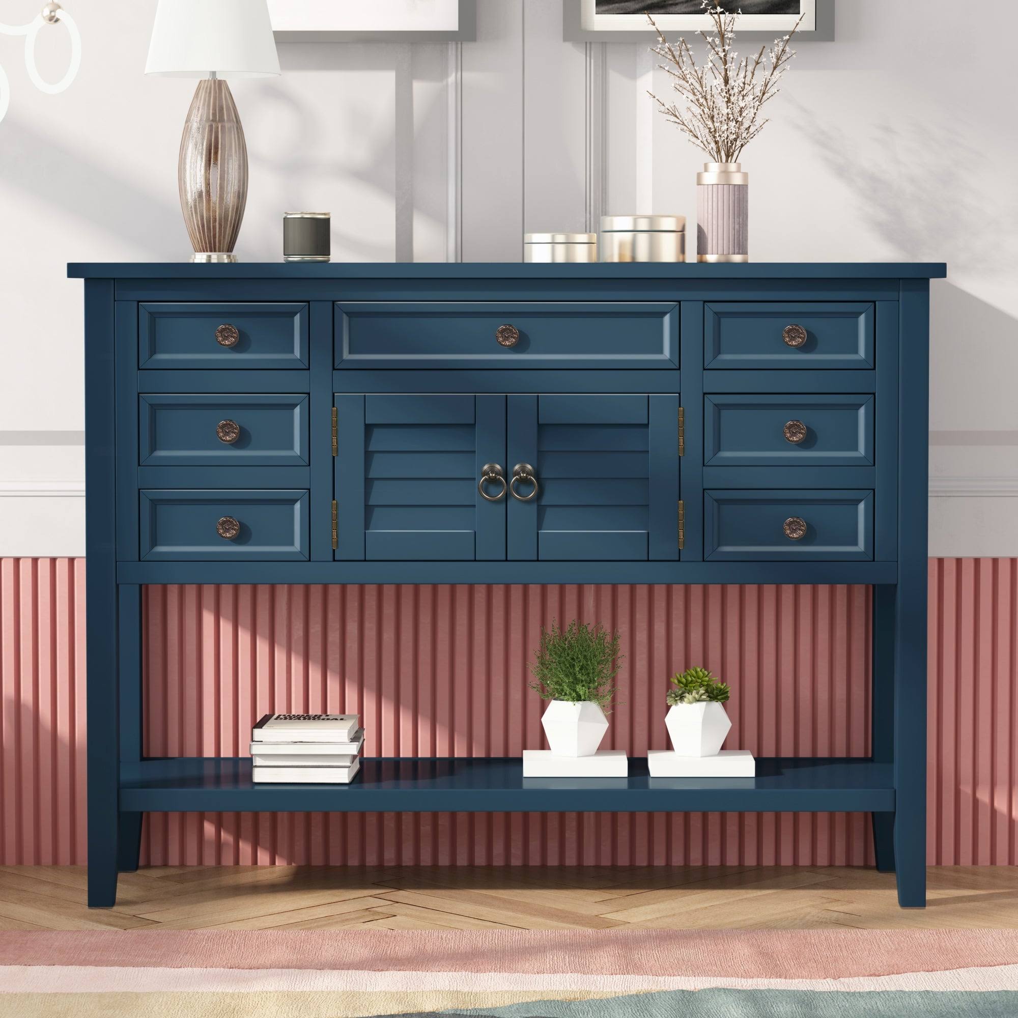 Blue Console Table with 7 Drawers and 1 Cabinet T783689