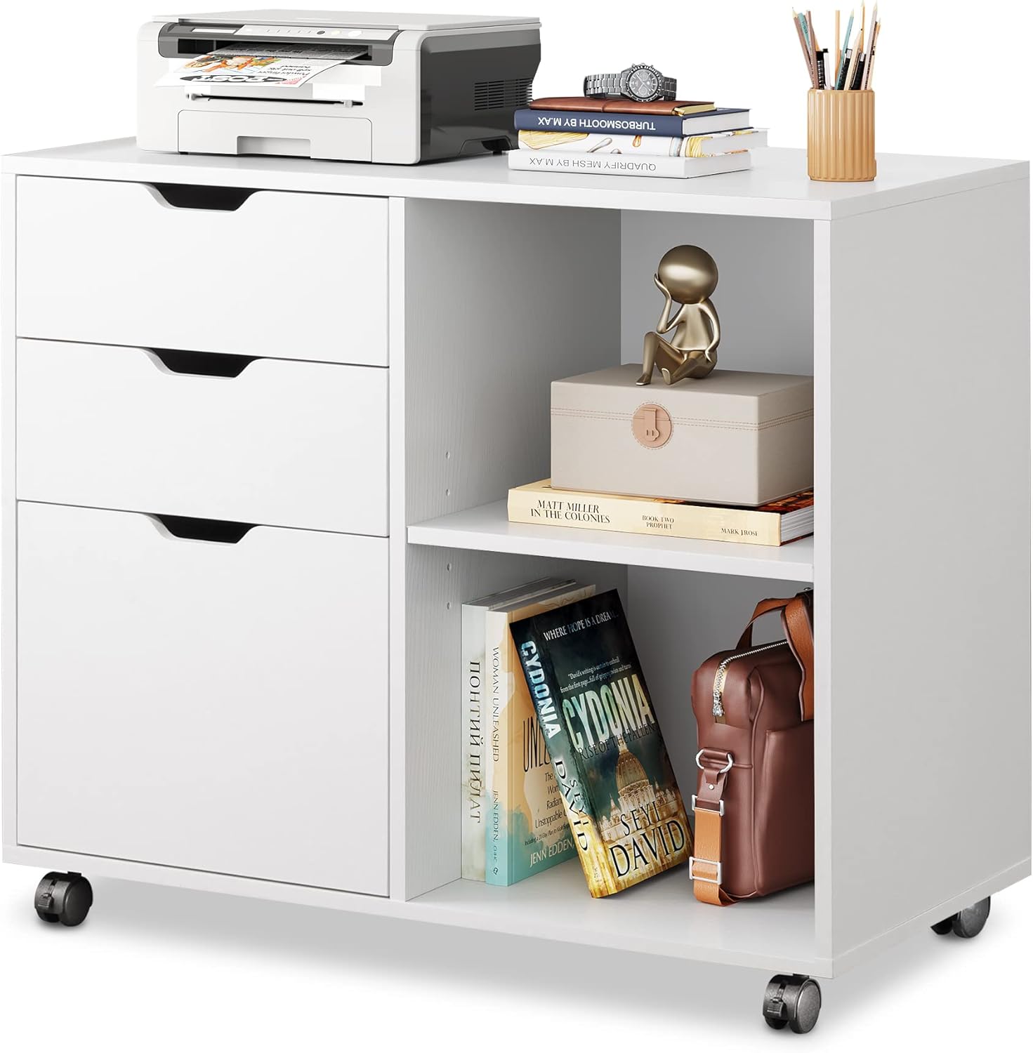 White 3-Drawer Mobile Wood File Cabinet with Open Storage Shelves D770787