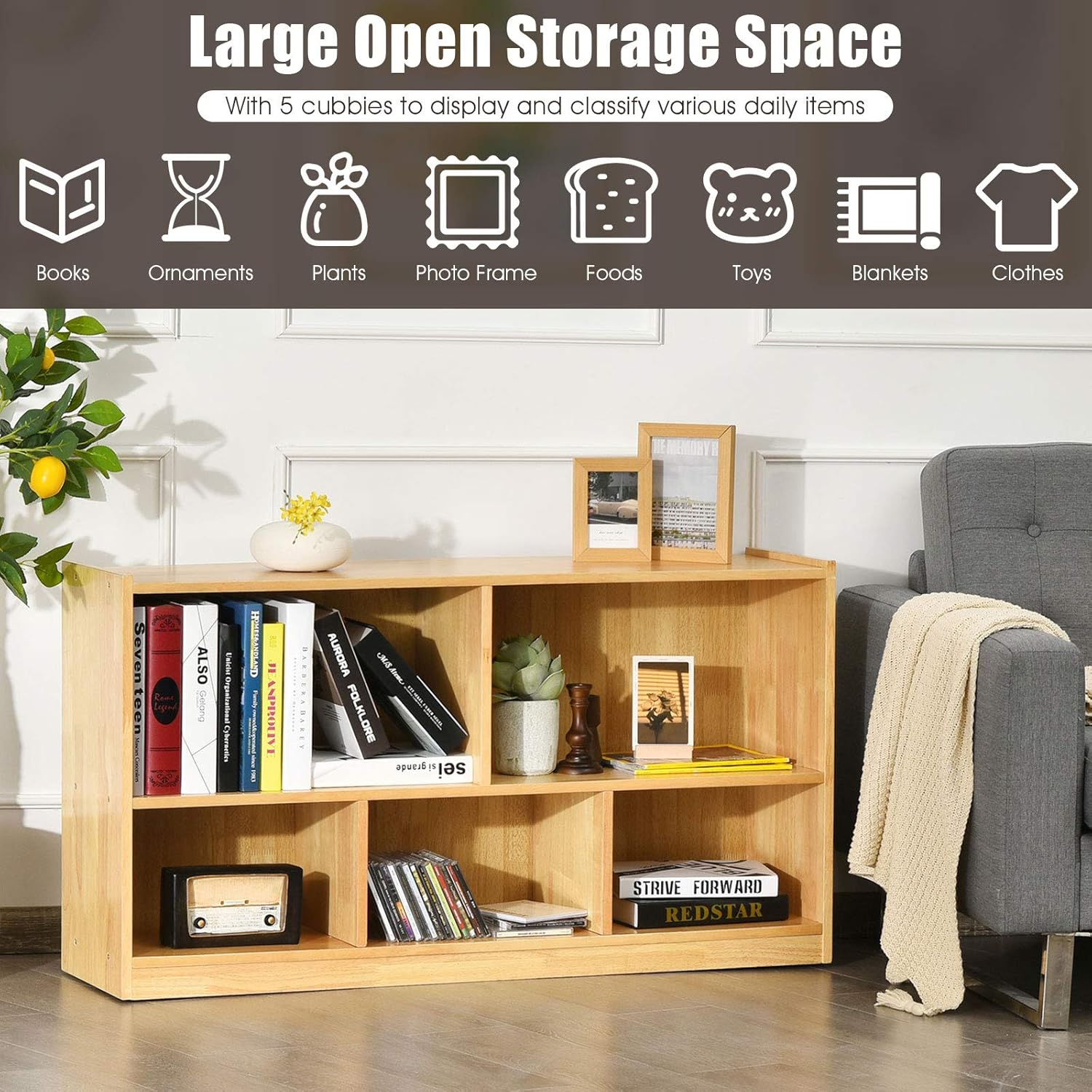 Natural Wooden 2 Tier 5 Cube Bookcase K530176