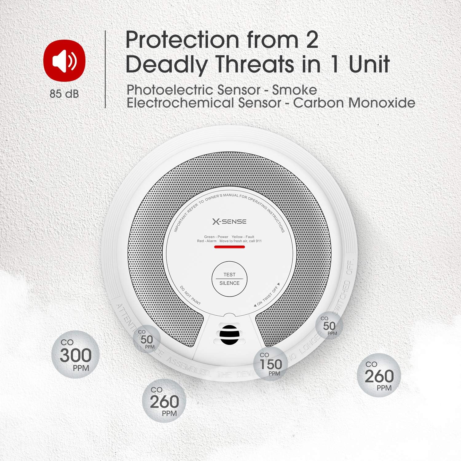 2-in-1 Smoke and Carbon Monoxide Detector Alarm, 10-Year Battery-Operated Dual Sensor, Pack of 3 F874553