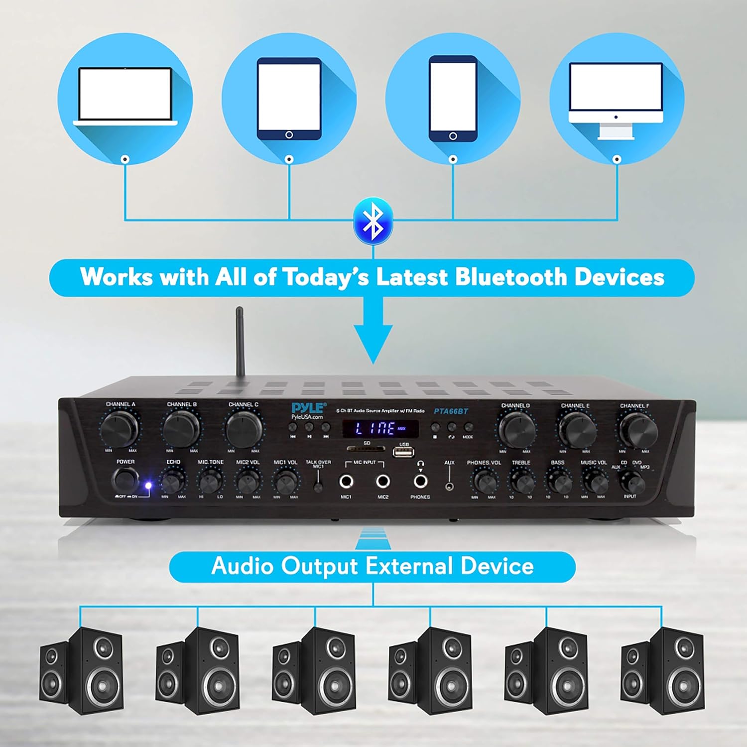 6 Channel 600 Watt Bluetooth Stereo Receiver Amplifier P927