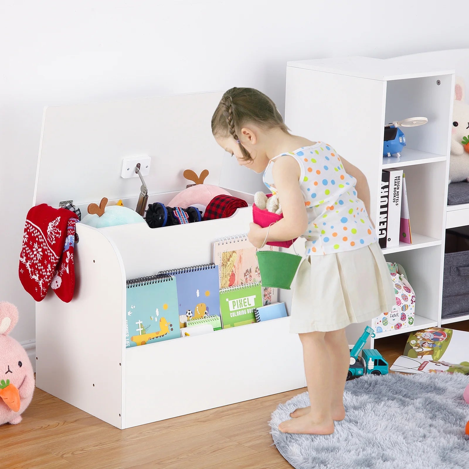 White Extra Large Wooden Toy Storage Bench with Safety Hinges G1147