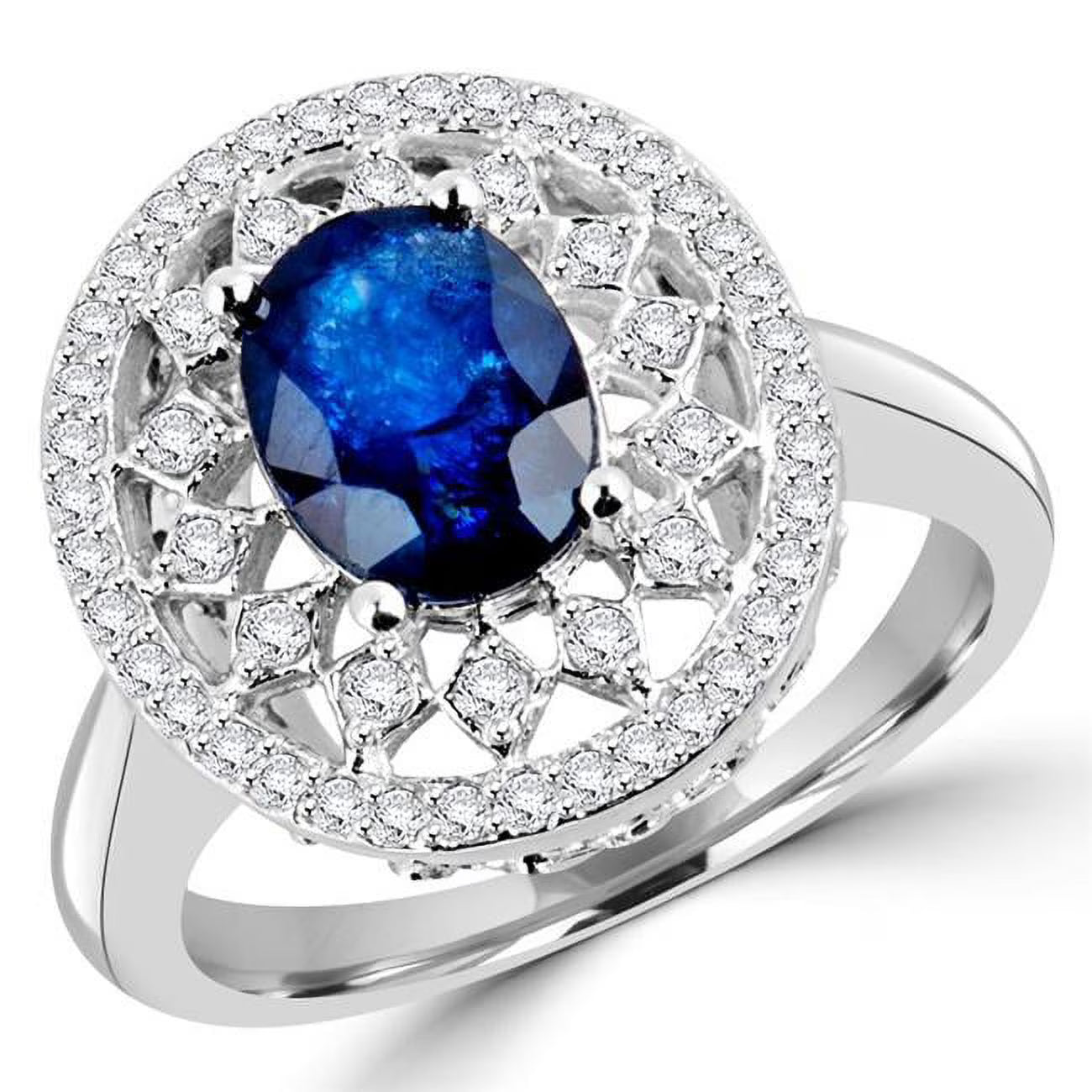 Oval Blue Sapphire Halo Cocktail Ring in 14K White Gold - Size 6.25 U2966