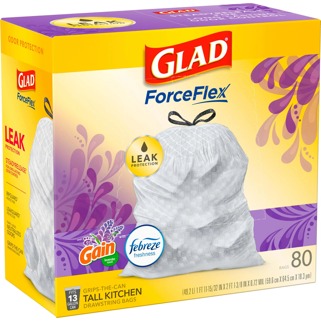 Glad ForceFlex Tall Kitchen Trash Bags, 13 Gallon, Lavender, 80 Count G343