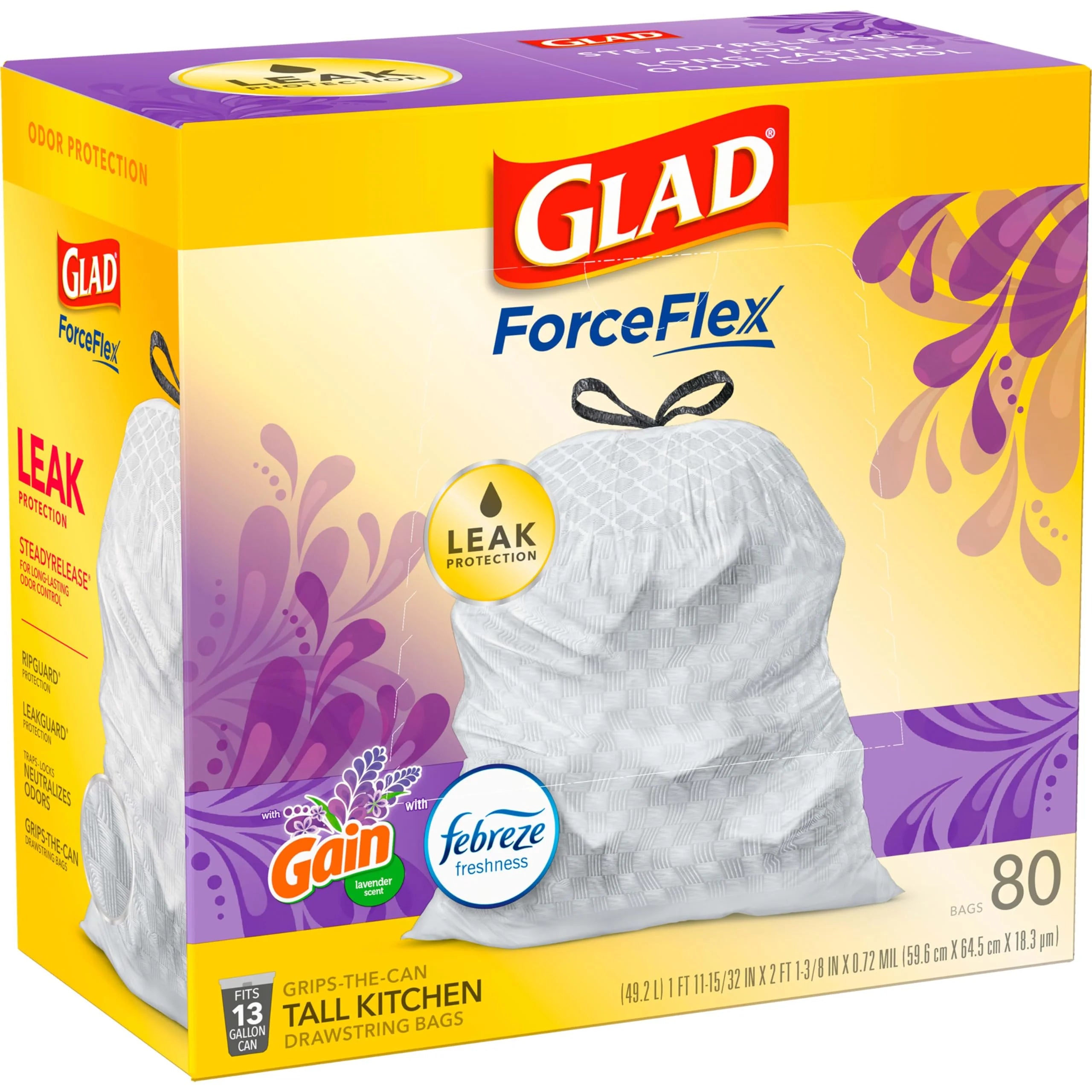 Glad ForceFlex Tall Kitchen Trash Bags, 13 Gallon, Lavender, 80 Count G343