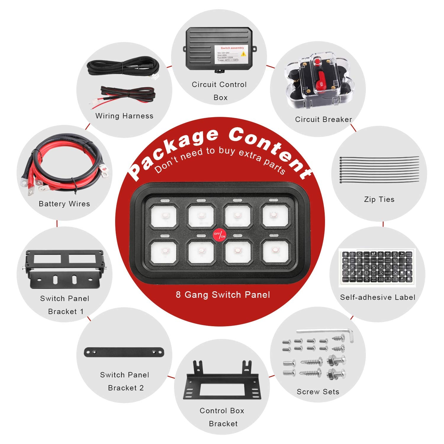 8 Gang Switch Panel Kit with Harness and Label Stickers T840