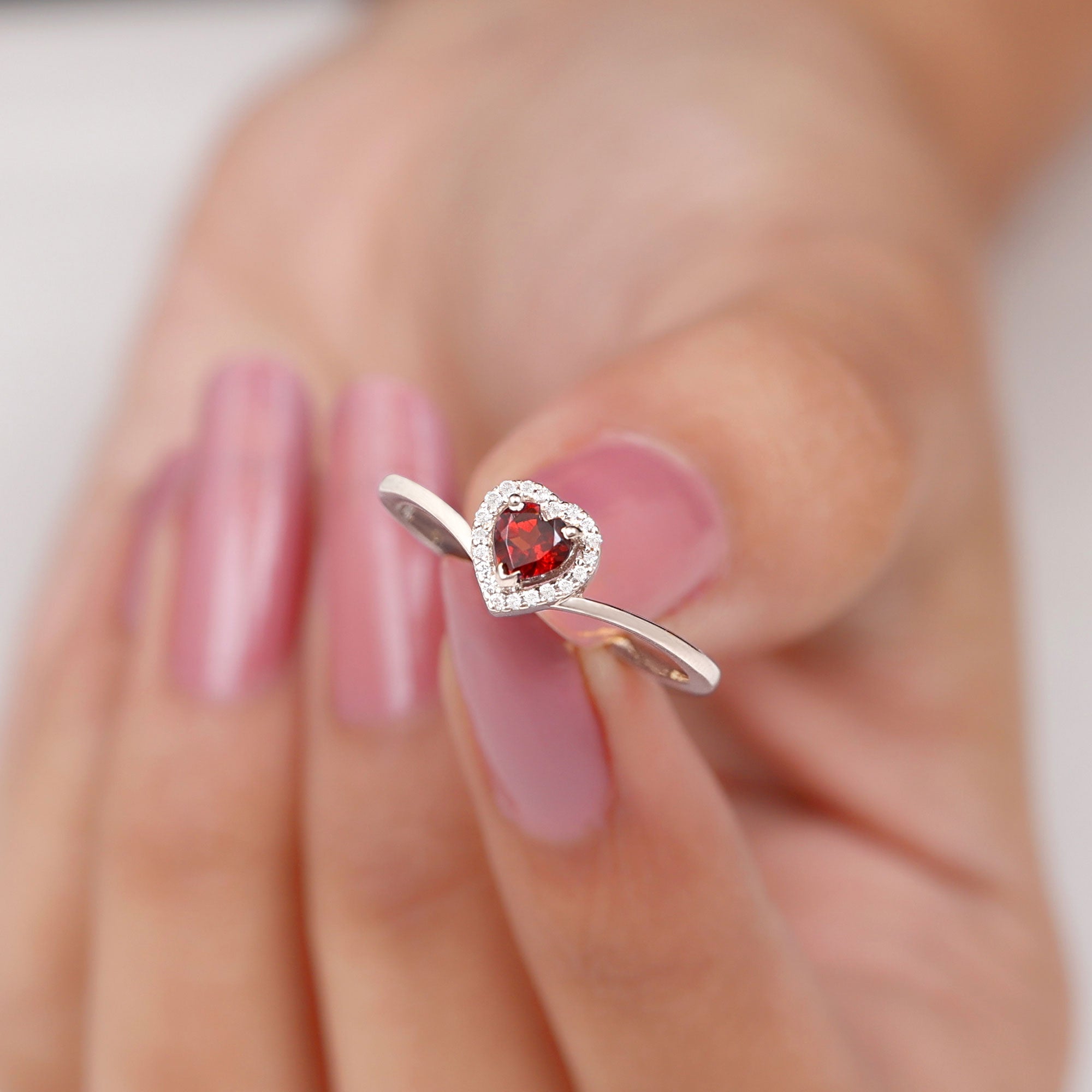 Heart Promise Ring with Diamond Halo, 925 Sterling Silver V241