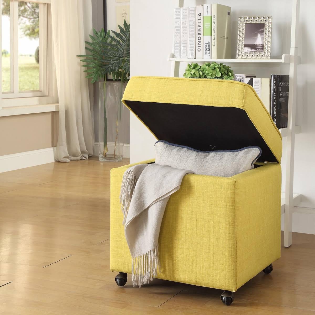 Ruby Yellow Linen Cube Ottoman with Hidden Storage G5862