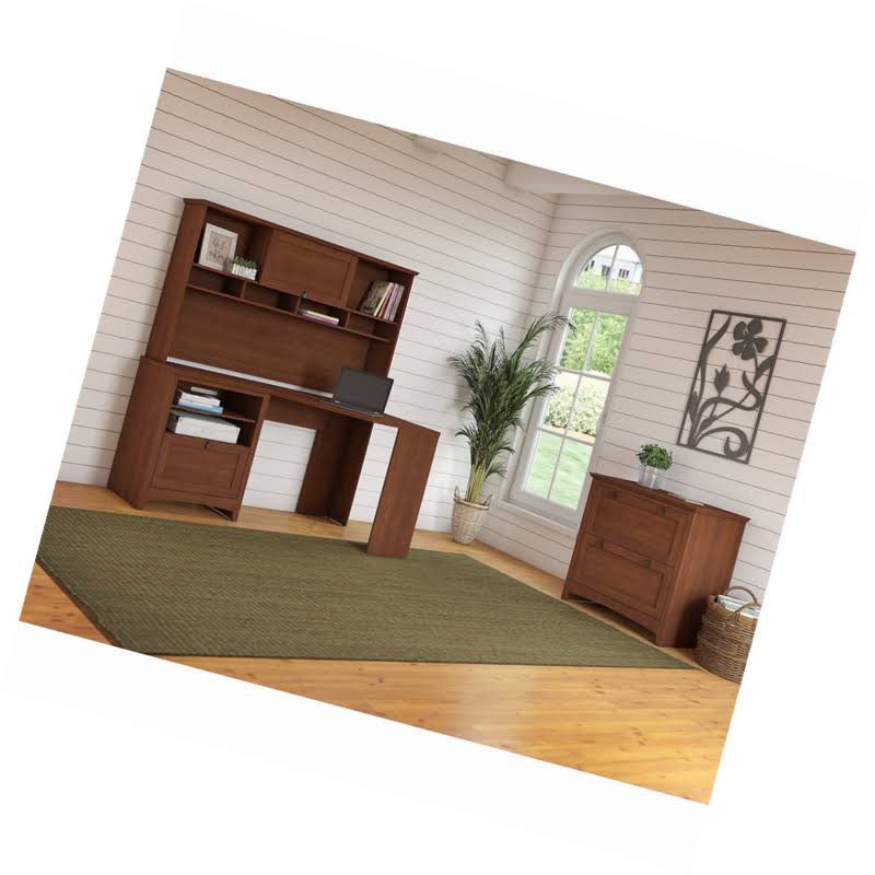 Corner Desk with Hutch and Lateral File Cabinet in Serene Cherry X233