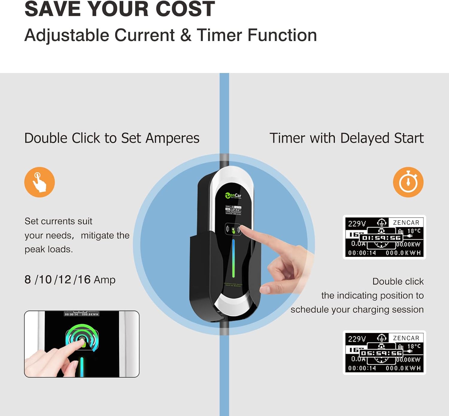 Portable EV Charger with NEMA 5-15 Plug, Adjustable Currents 8A-16A T214