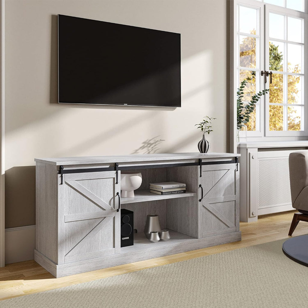 Modern Farmhouse TV Stand with Sliding Barn Door and Storage Cabinets O312719