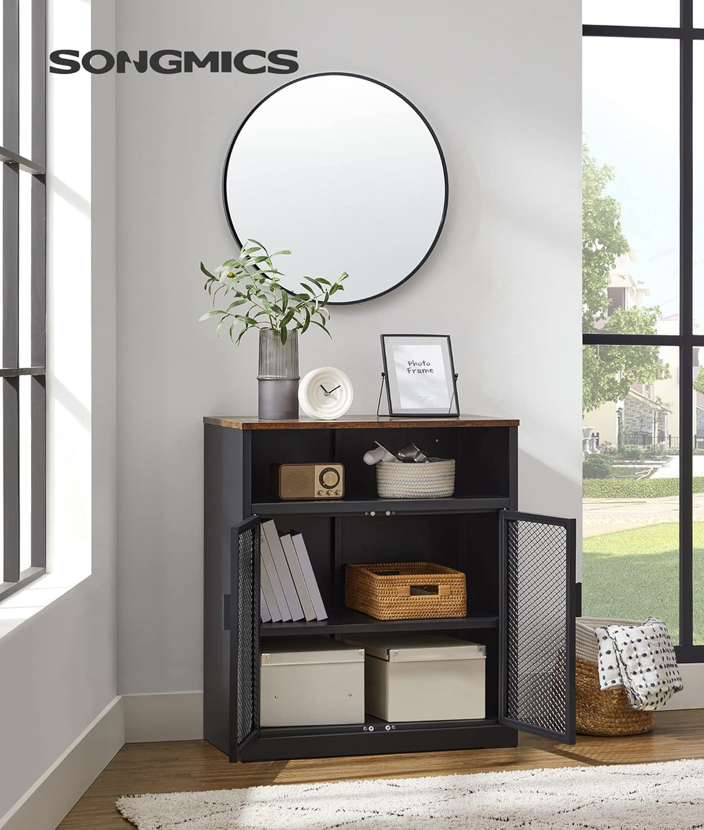 Rustic Brown and Black Storage Cabinet with Mesh Doors and Adjustable Shelf H506