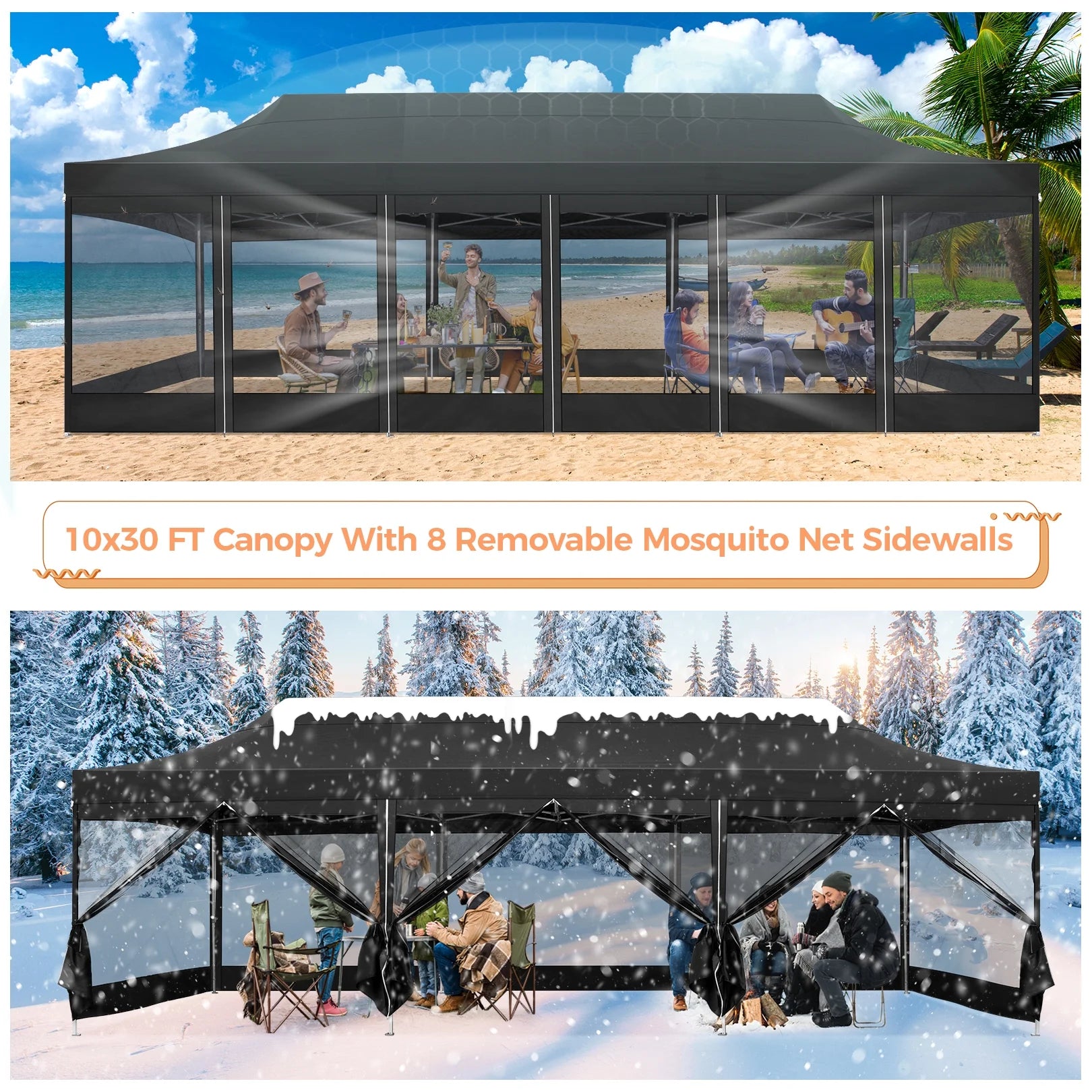 10x30 FT Pop Up Canopy with Removable 8 Piece Mesh Sidewalls, Black P100030