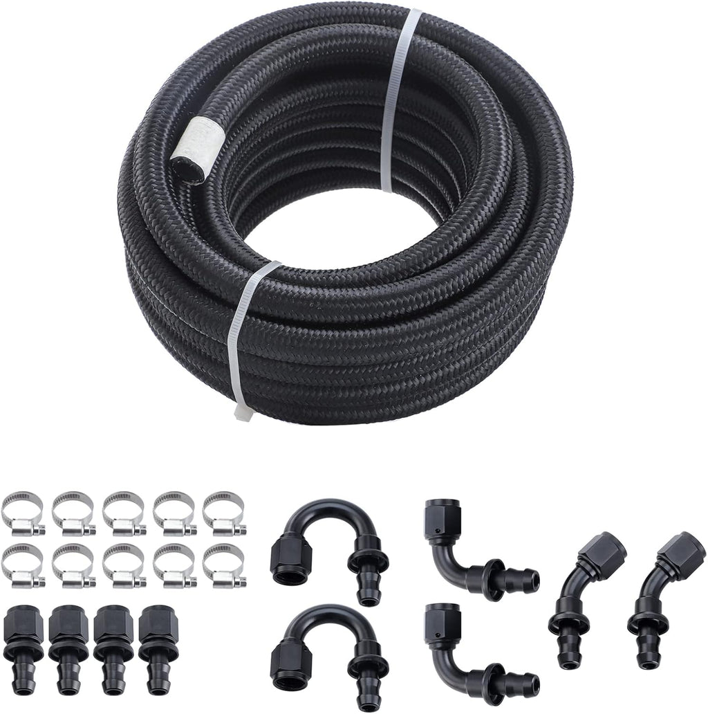 6AN 20FT Nylon Braided Fuel Line Hose Fitting Kit CPE Material Black (3/8" ID) Pack of 2 N44551