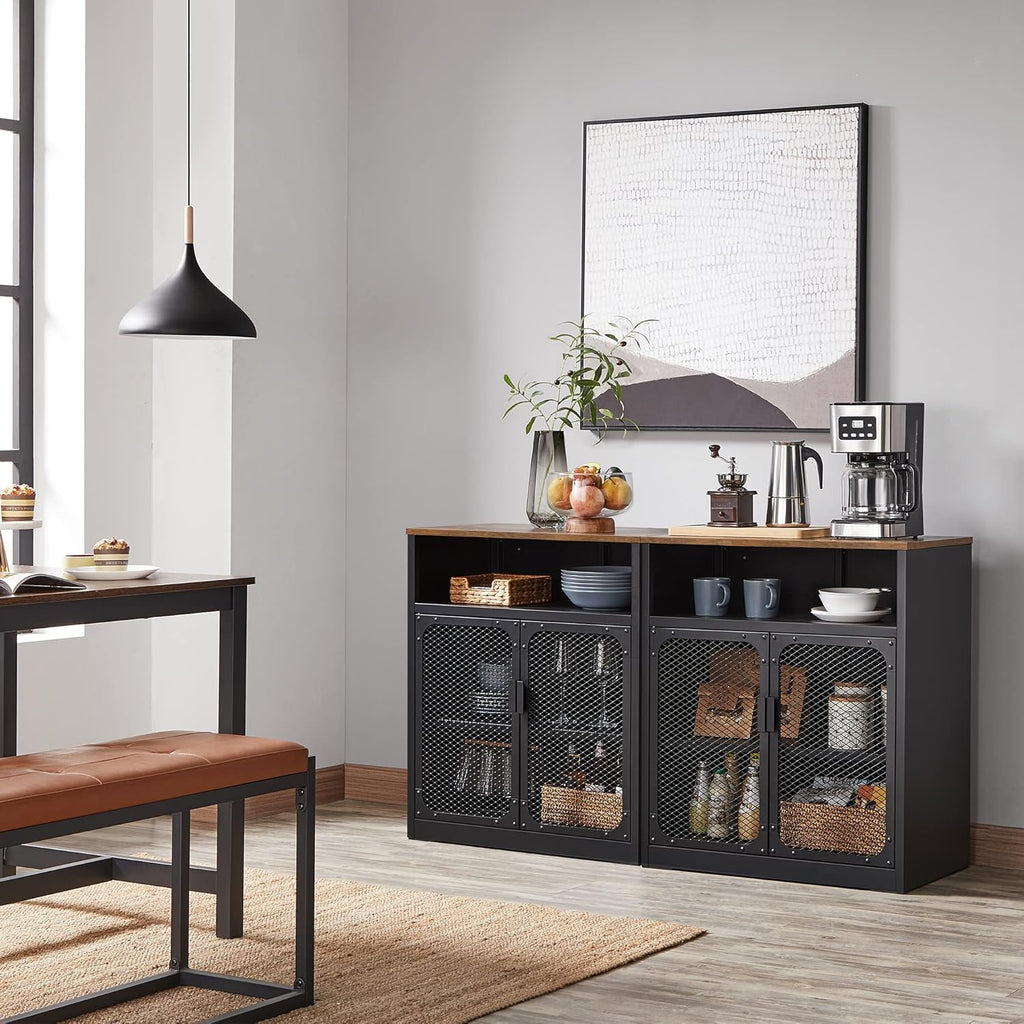 Rustic Brown and Black Storage Cabinet with Mesh Doors and Adjustable Shelf H506