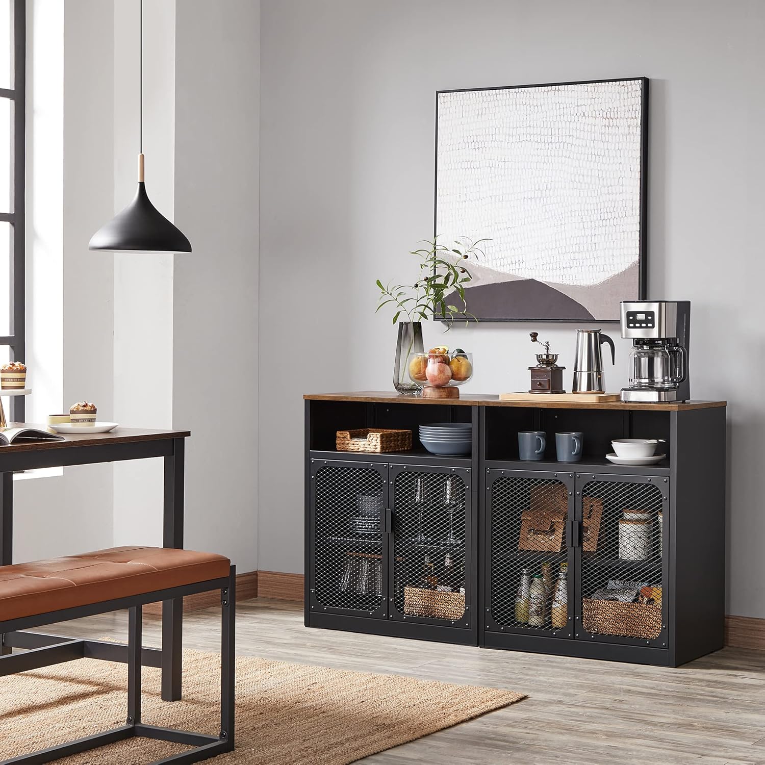 Rustic Brown and Black Storage Cabinet with Mesh Doors and Adjustable Shelf H506