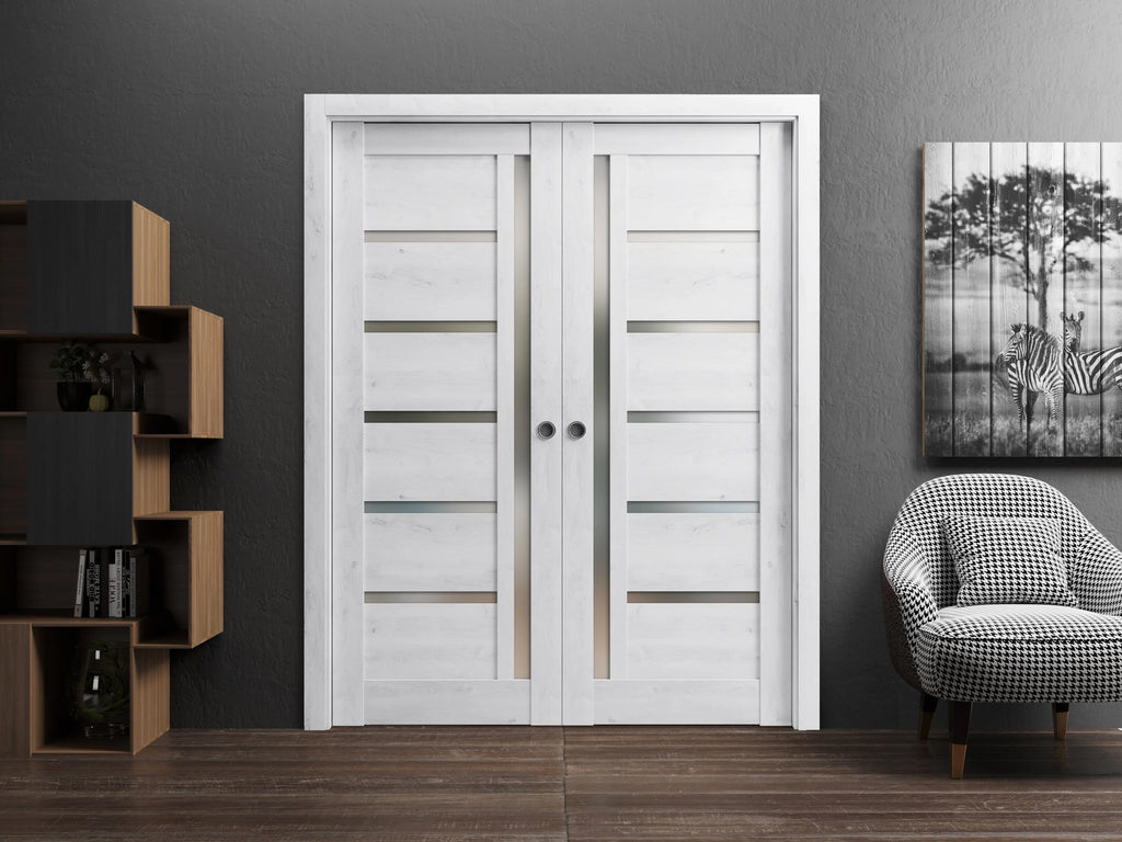 Nordic White Solid Wood Sliding French Double Pocket Doors with Frosted Glass F80636