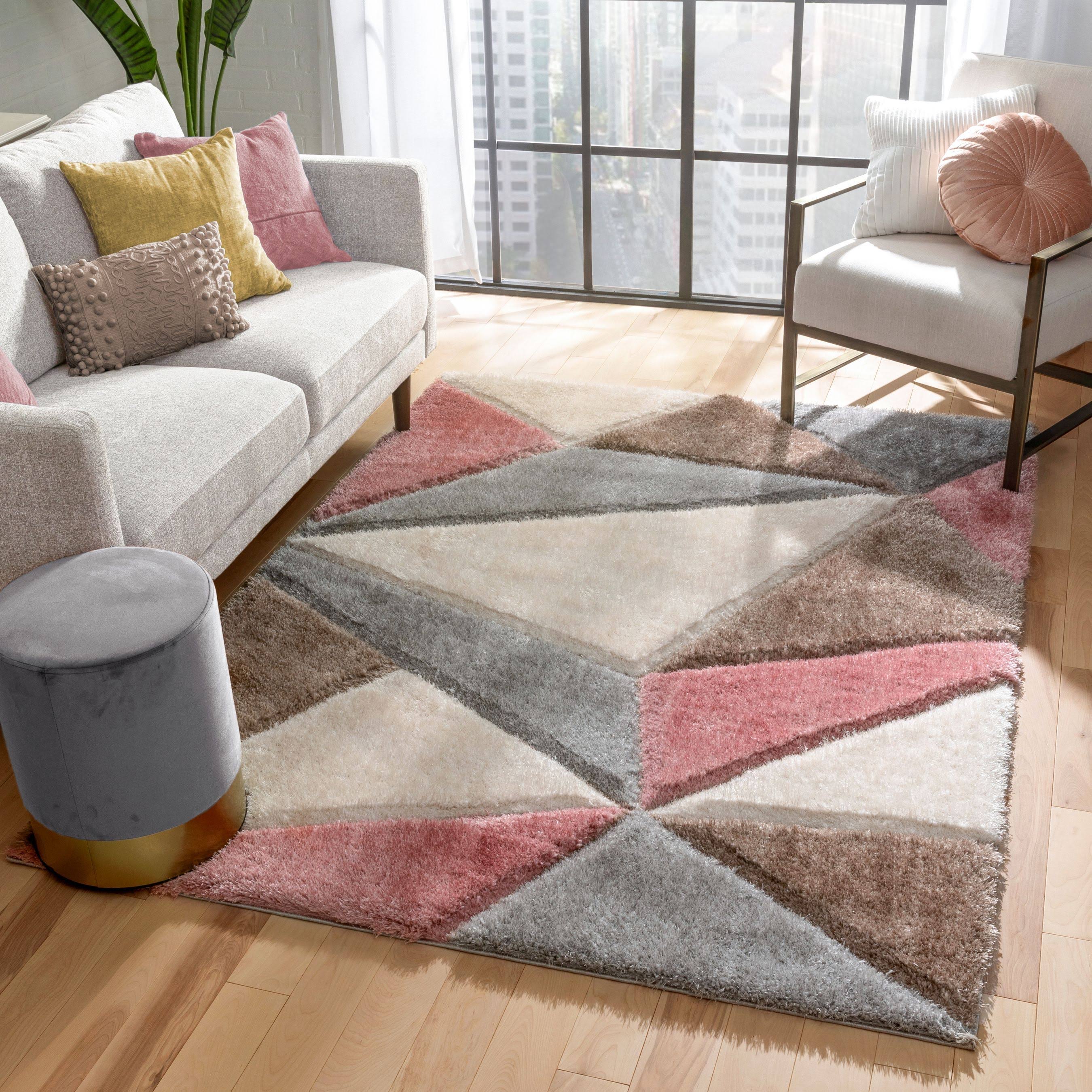Grey Blush Geometric Triangle Pattern Shag Rug V67652