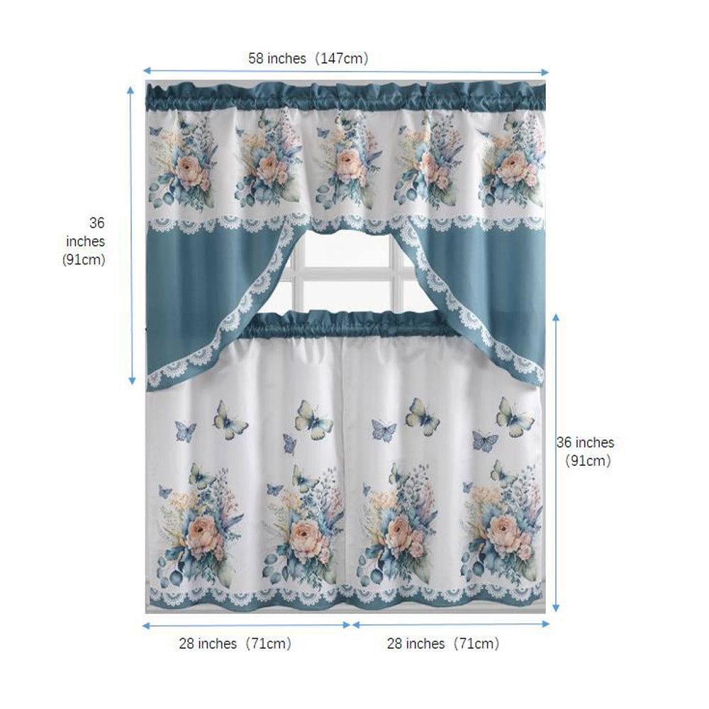 Turquoise Flower Printed 3-Piece Kitchen Curtain Tiers & Swag Set, 58x36 & 28x36 inches T79913