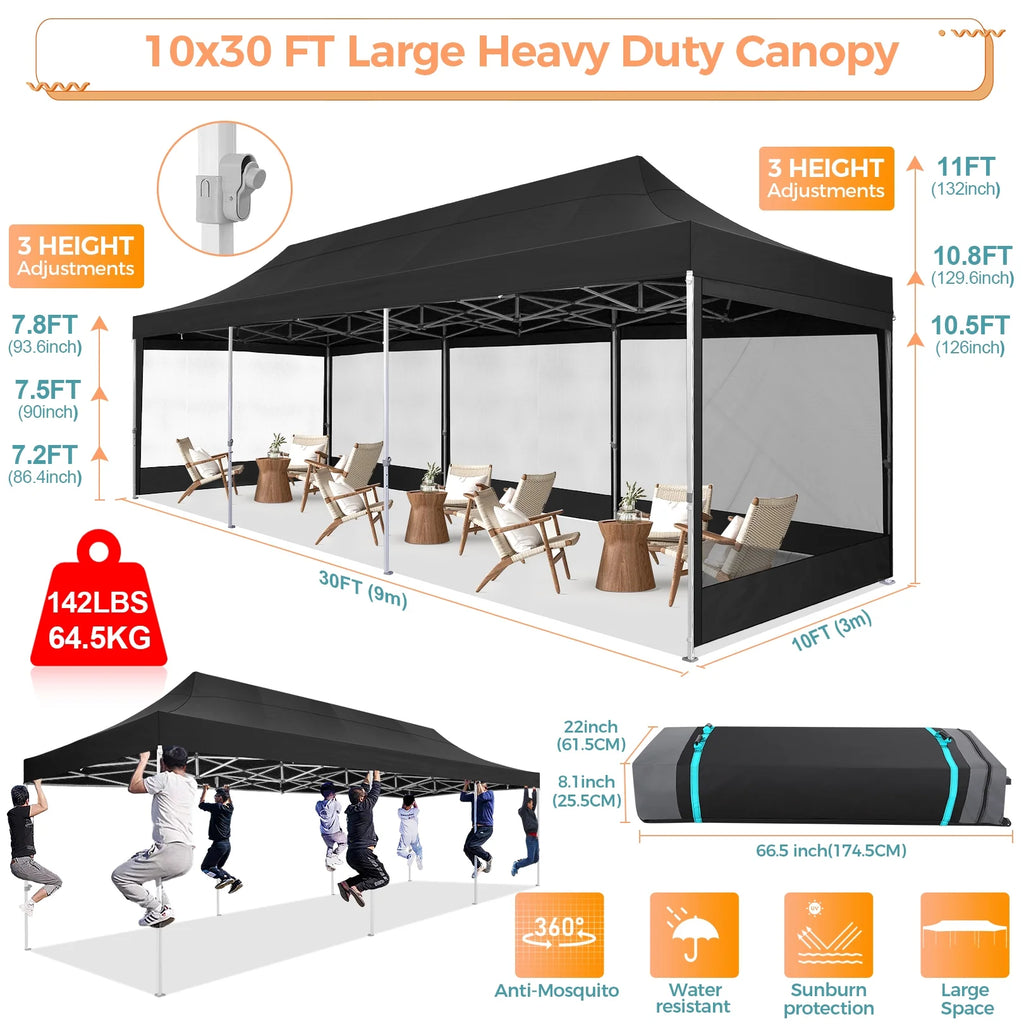 10x30 FT Pop Up Canopy with Removable 8 Piece Mesh Sidewalls, Black P100030