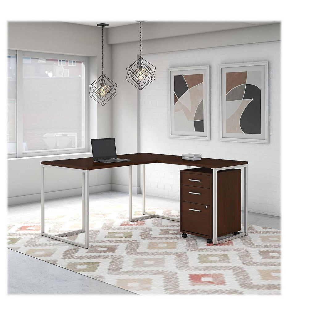 60W L Shaped Desk with 30W Return and Mobile File Cabinet, Century Walnut H424