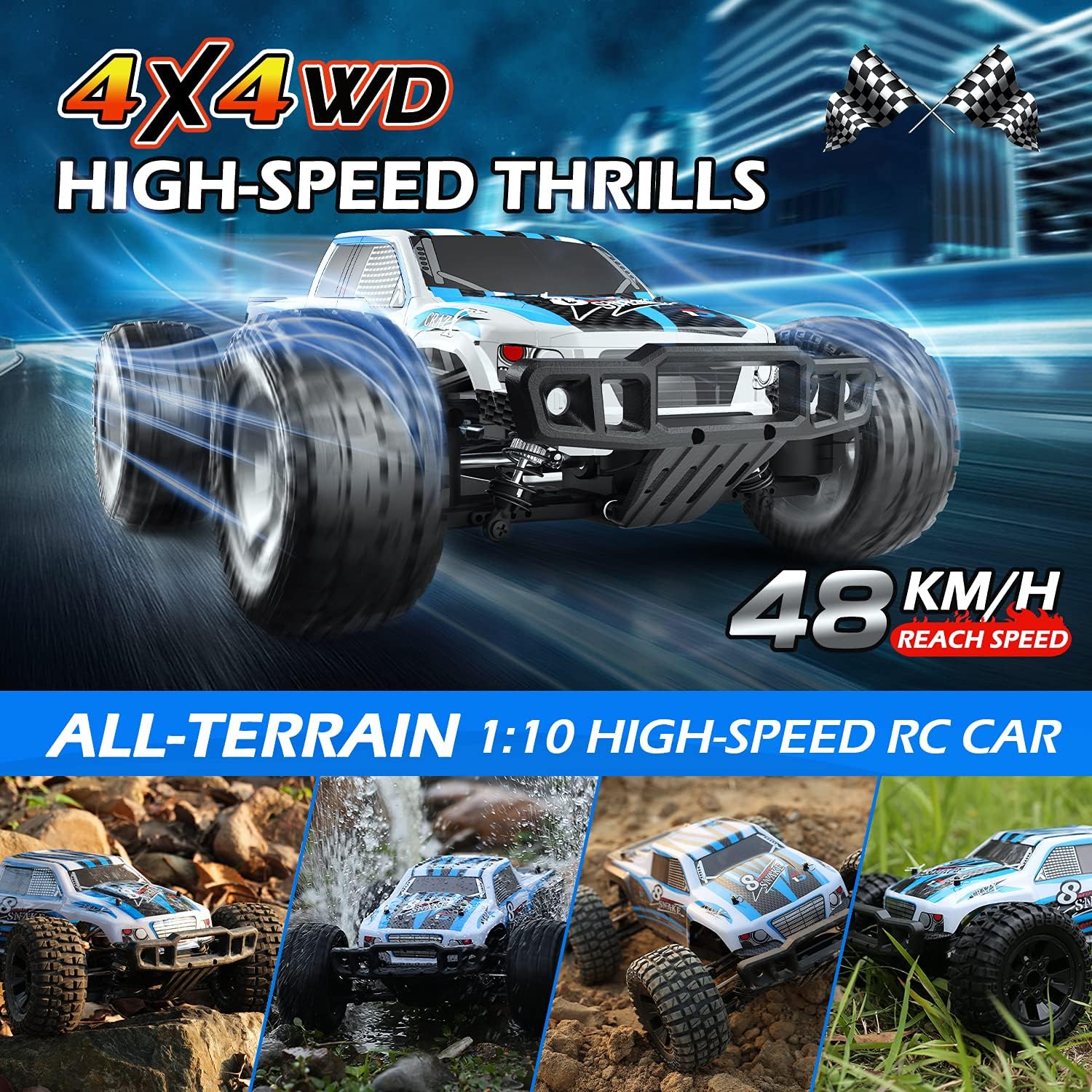 Large Hobby RC Car, 48 KM/H 1:10 Scale 4WD 2.4GHz Off Road Monster Truck Toy, 2 Batteries C549