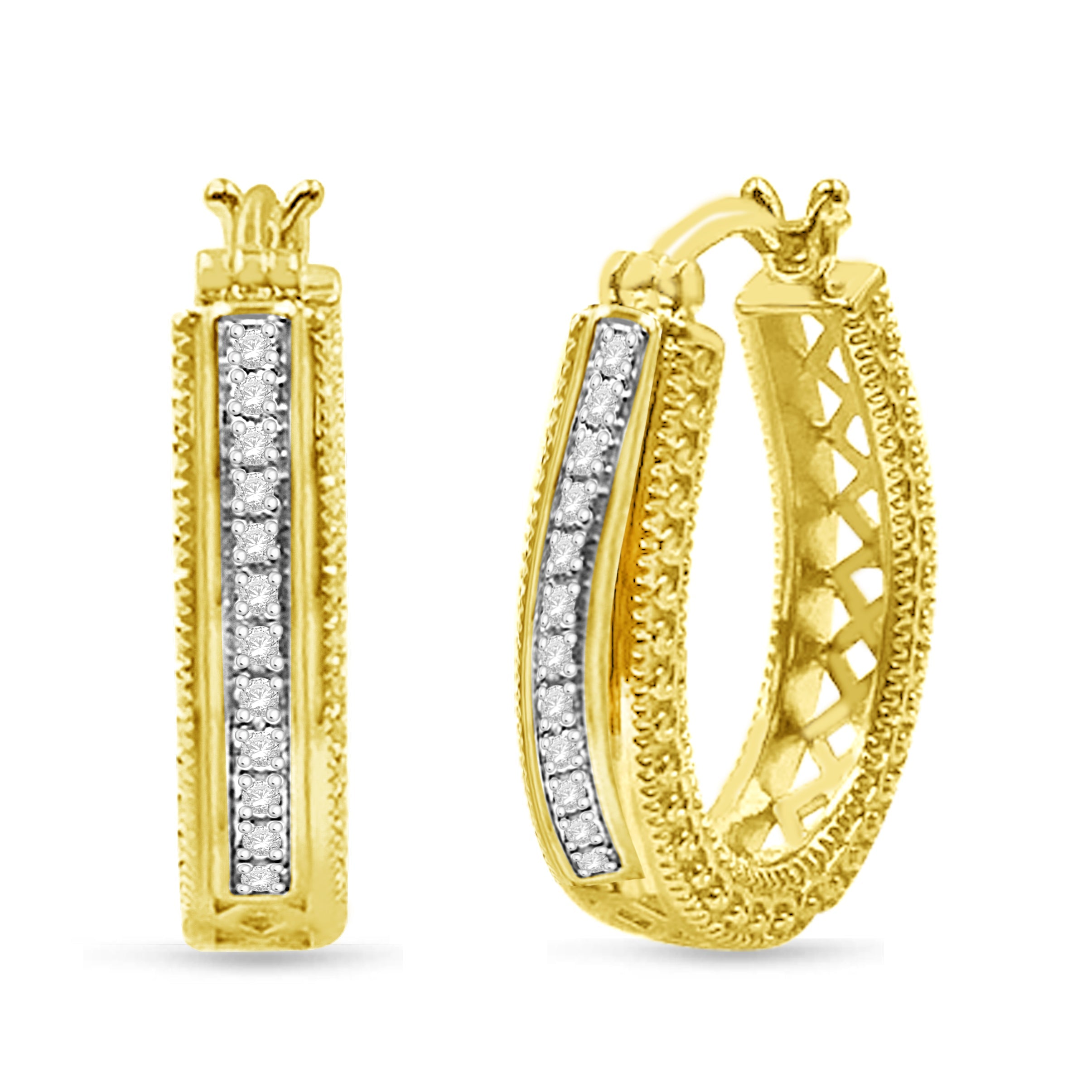 Yellow Gold Plated Sterling Silver Diamond Hoop Earrings H948
