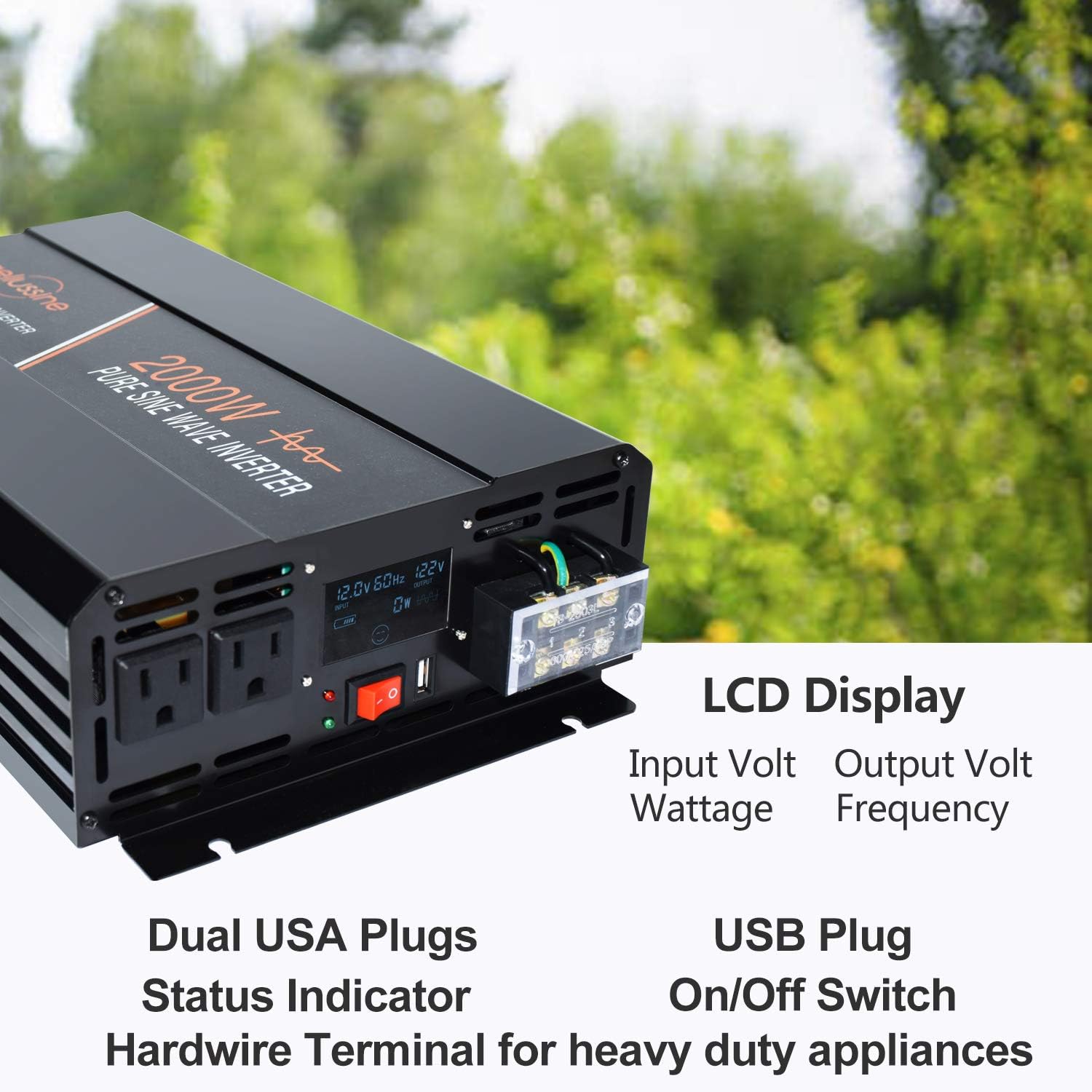 2000 Watt Pure Sine Wave Power Inverter 24V DC to AC 120V with LCD Display H898