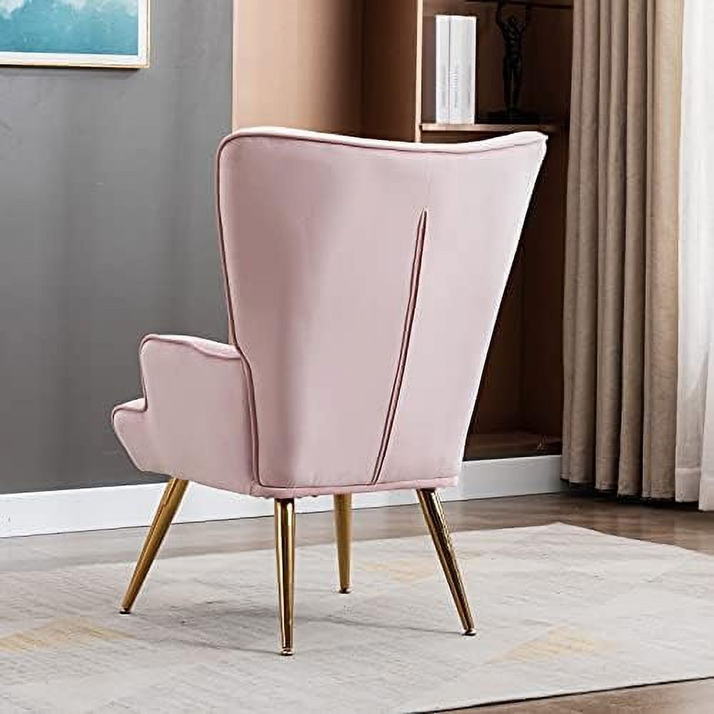 Velvet Buttoned Accent Arm Lounge Chair with Golden Plated Metal Legs & Pillow High Wingback Club Chair B1813