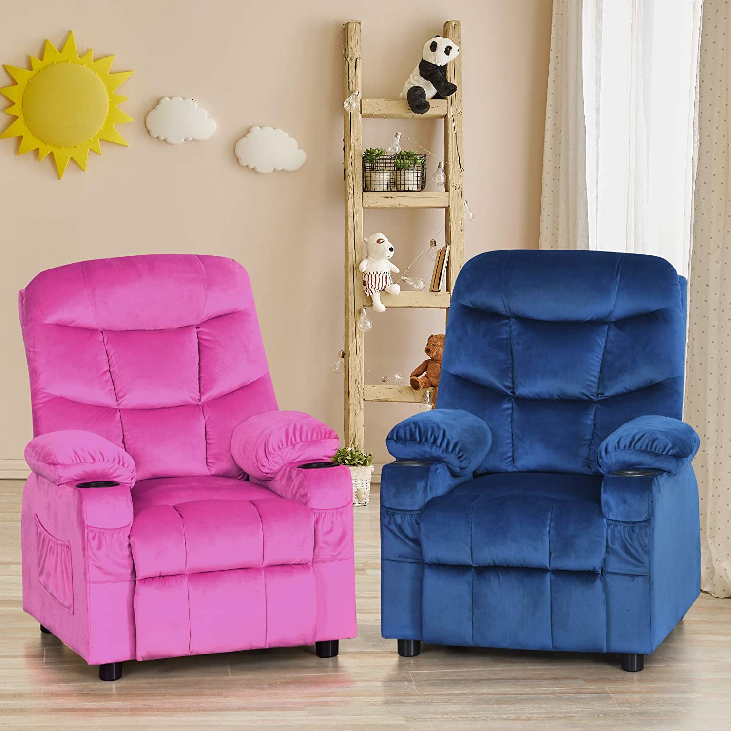 Rose Velvet Kids Recliner Chair with Cup Holder D45952