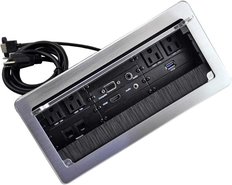 Silver Table Power Brush Connectivity Box with 4 AC Power, 2 RJ45, 2 Audio, 1 VGA, 1 HDMI, 1 USB 3.0, 5.58ft Power Cord D5796