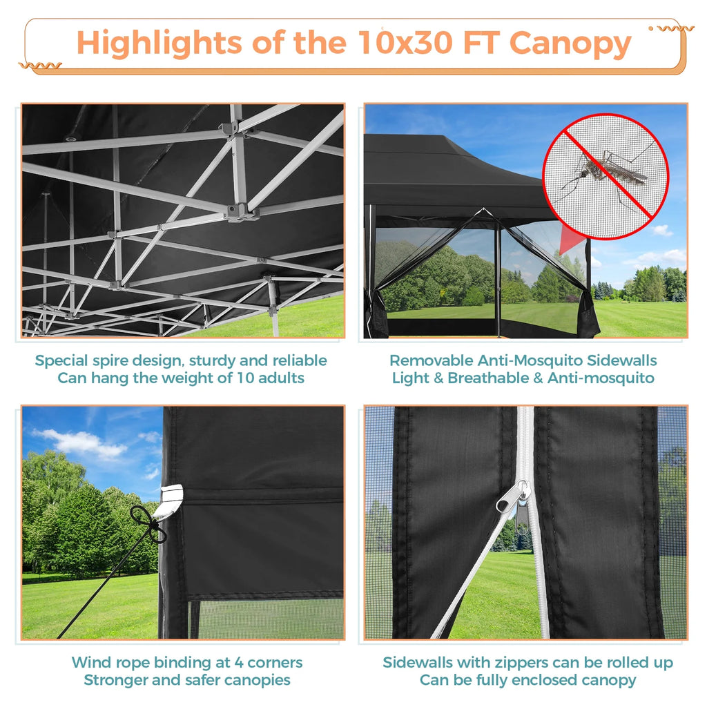 10x30 FT Pop Up Canopy with Removable 8 Piece Mesh Sidewalls, Black P100030