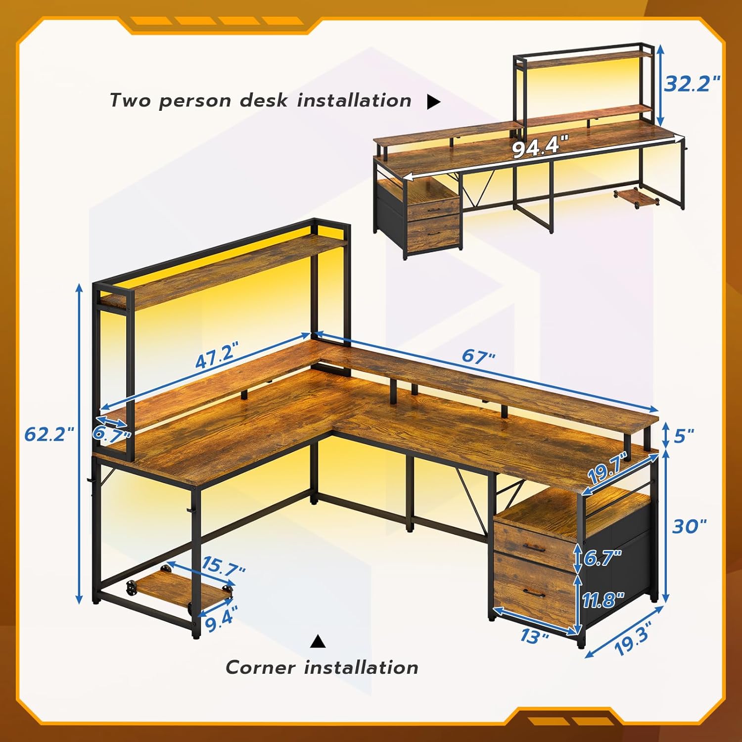 Brown L Shaped Desk with File Drawers and LED Lights A7877