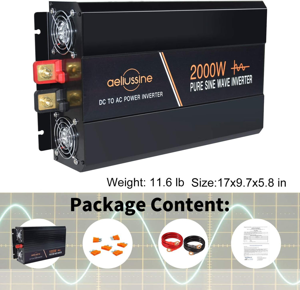 2000 Watt Pure Sine Wave Power Inverter 24V DC to AC 120V with LCD Display H898