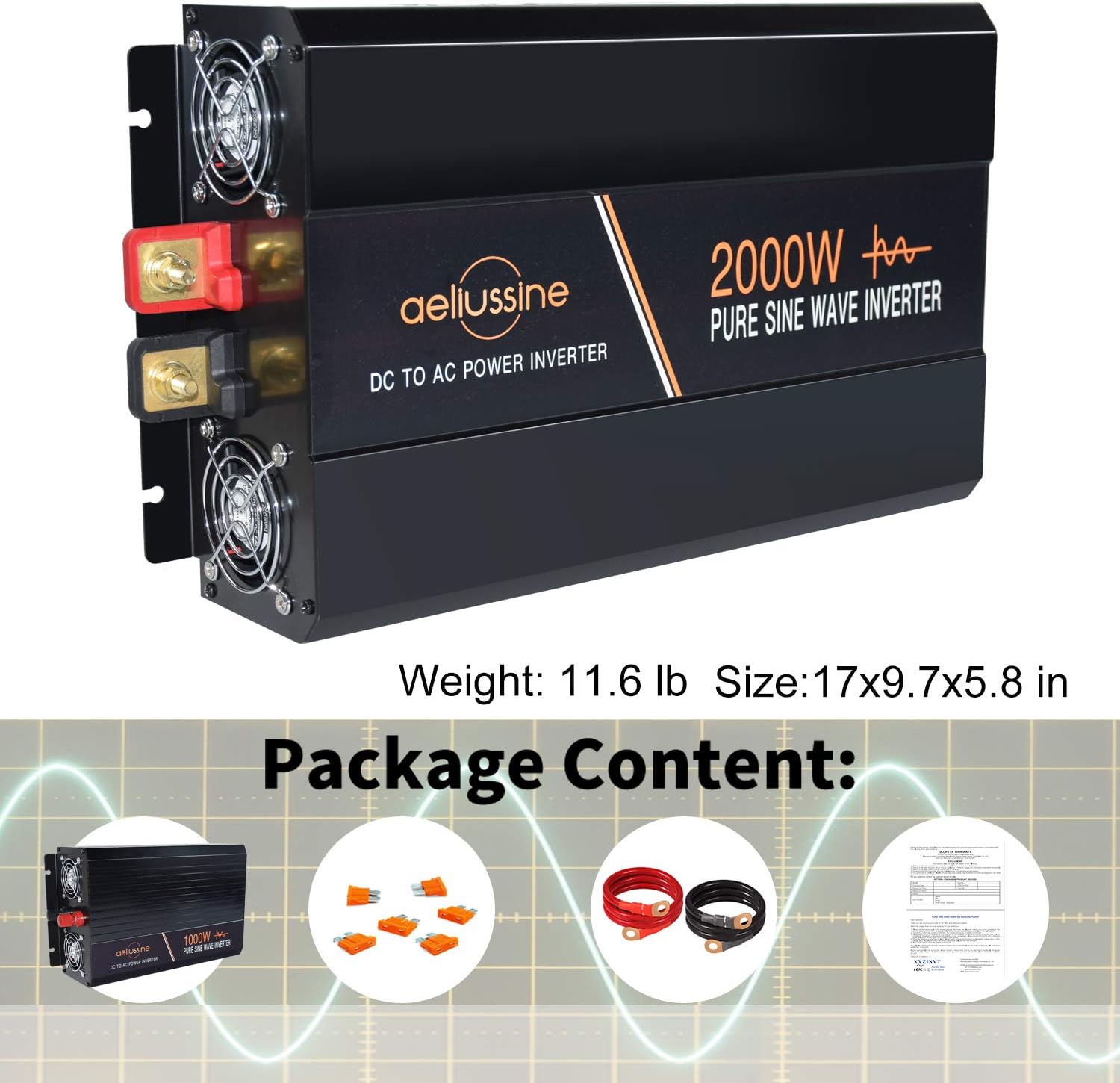 2000 Watt Pure Sine Wave Power Inverter 24V DC to AC 120V with LCD Display H898