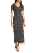 Beaded Mesh Column Gown Slate T6674