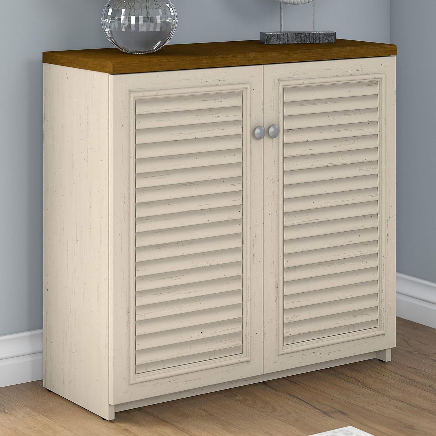 Antique White and Tea Maple Small Storage Cabinet with Doors S2872